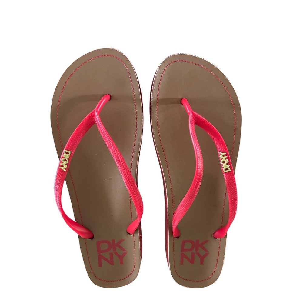 DKNY Margot Hot Pink Tan Flip Flop Sandals Womens Size 10‎ Logo Hardware